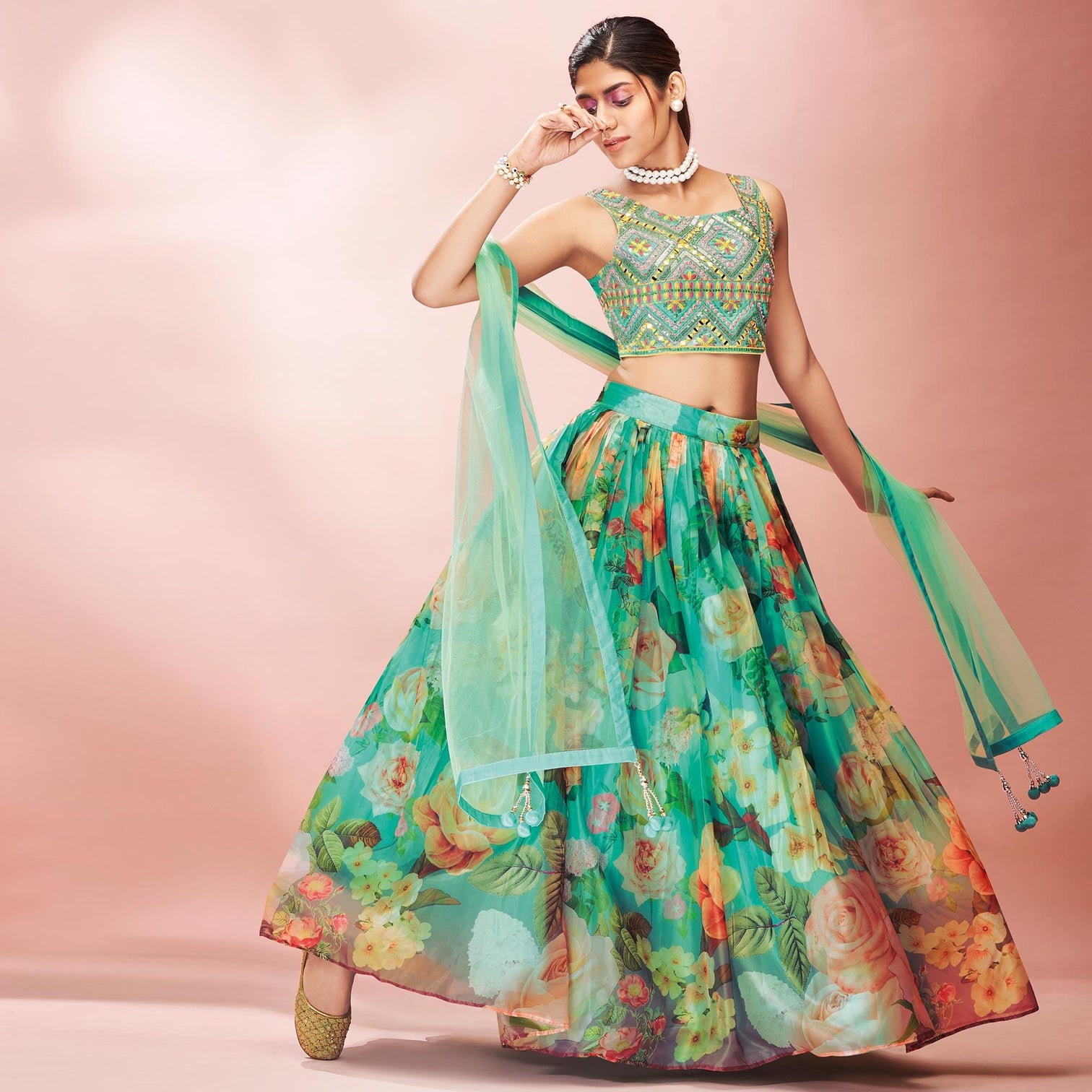 Turquoise Embellished With Printed Organza Lehenga Choli