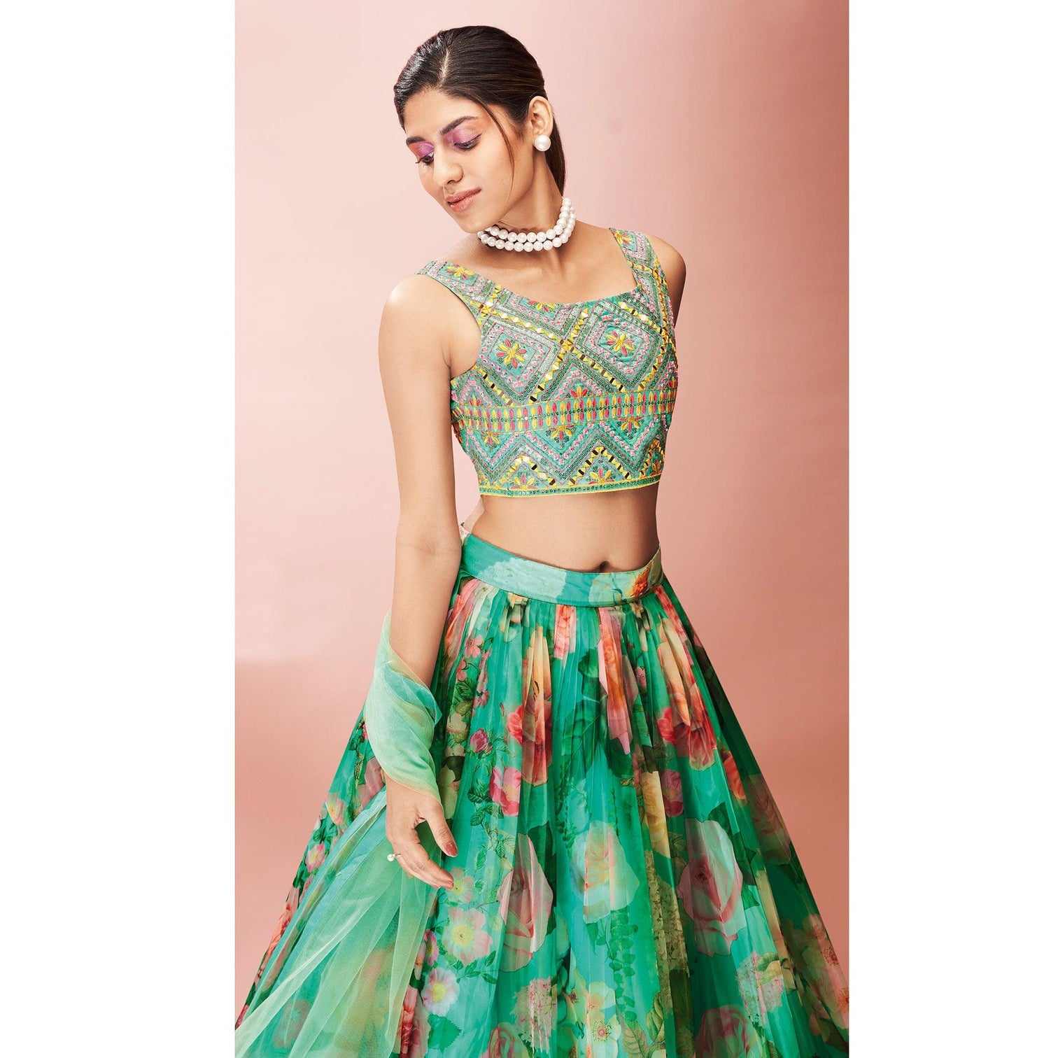 Turquoise Embellished With Printed Organza Lehenga Choli