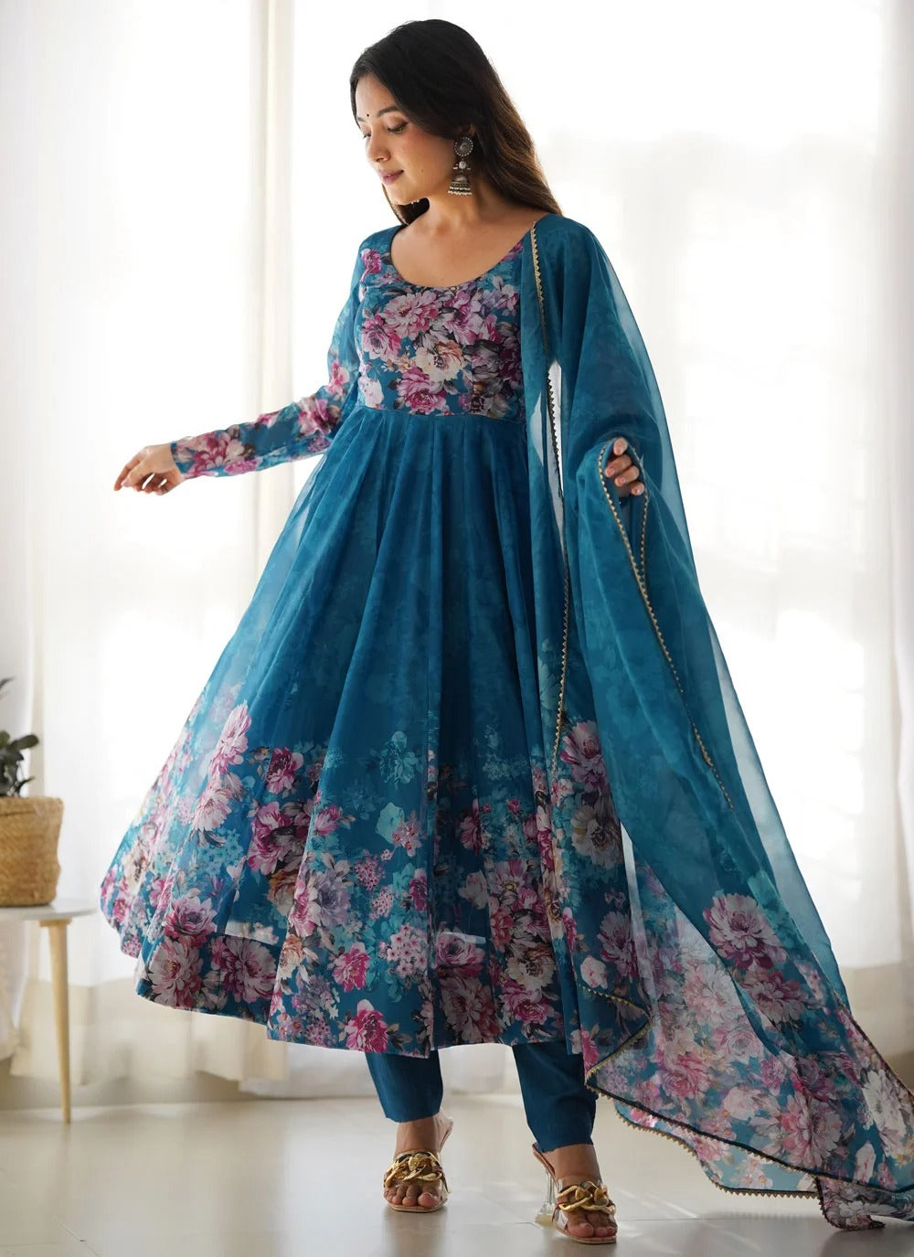 Turquoise organza anarkali suit set with gota patti dupatta