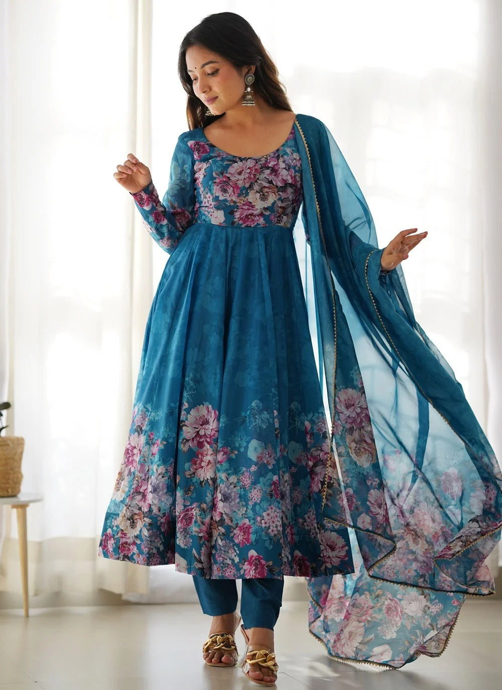 Turquoise organza anarkali suit set with gota patti dupatta