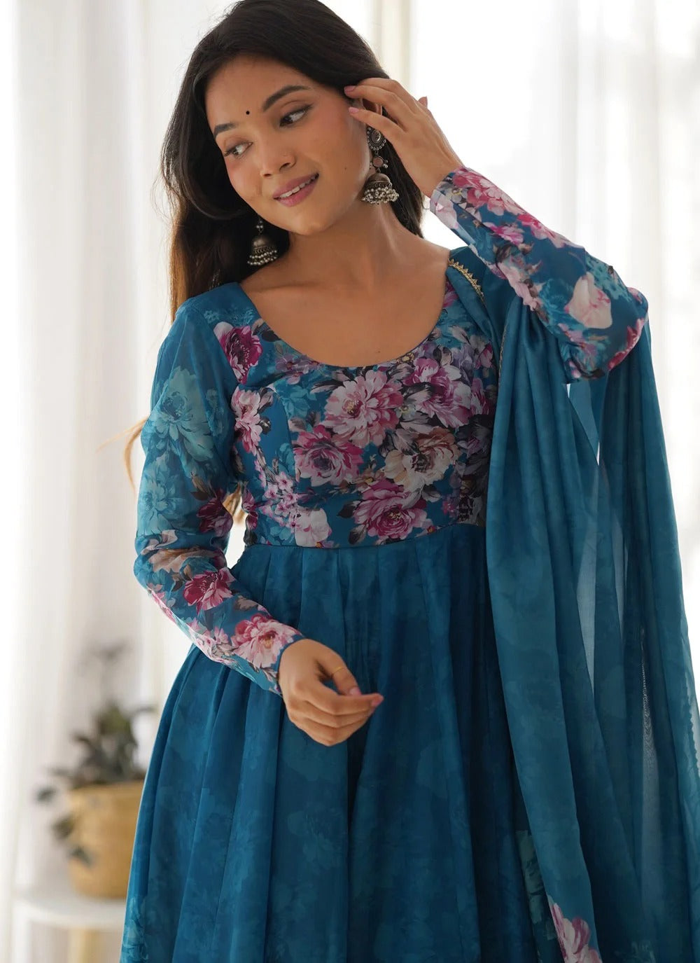 Turquoise organza anarkali suit set with gota patti dupatta
