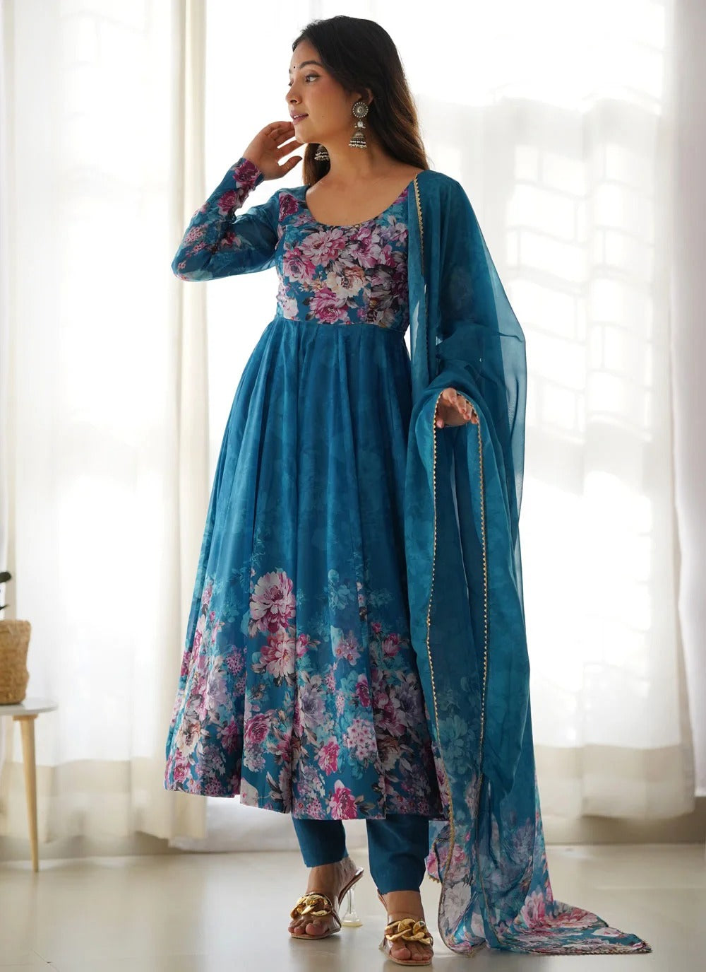 Turquoise organza anarkali suit set with gota patti dupatta