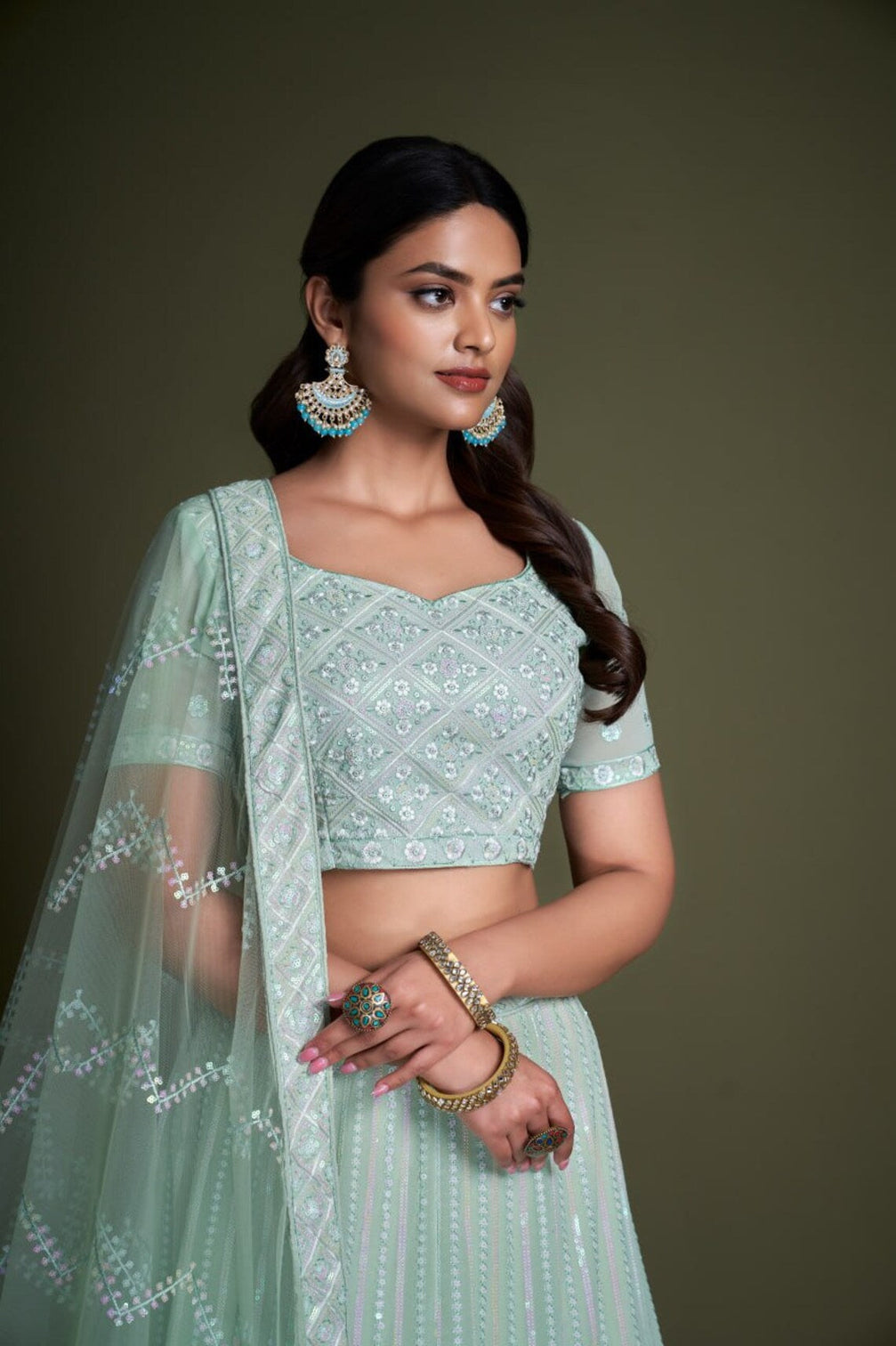 Turquoise Pakistani Georgette Lehenga Choli For Indian Festivals & Weddings - Sequence Embroidery Work, Thread Embroidery Work,