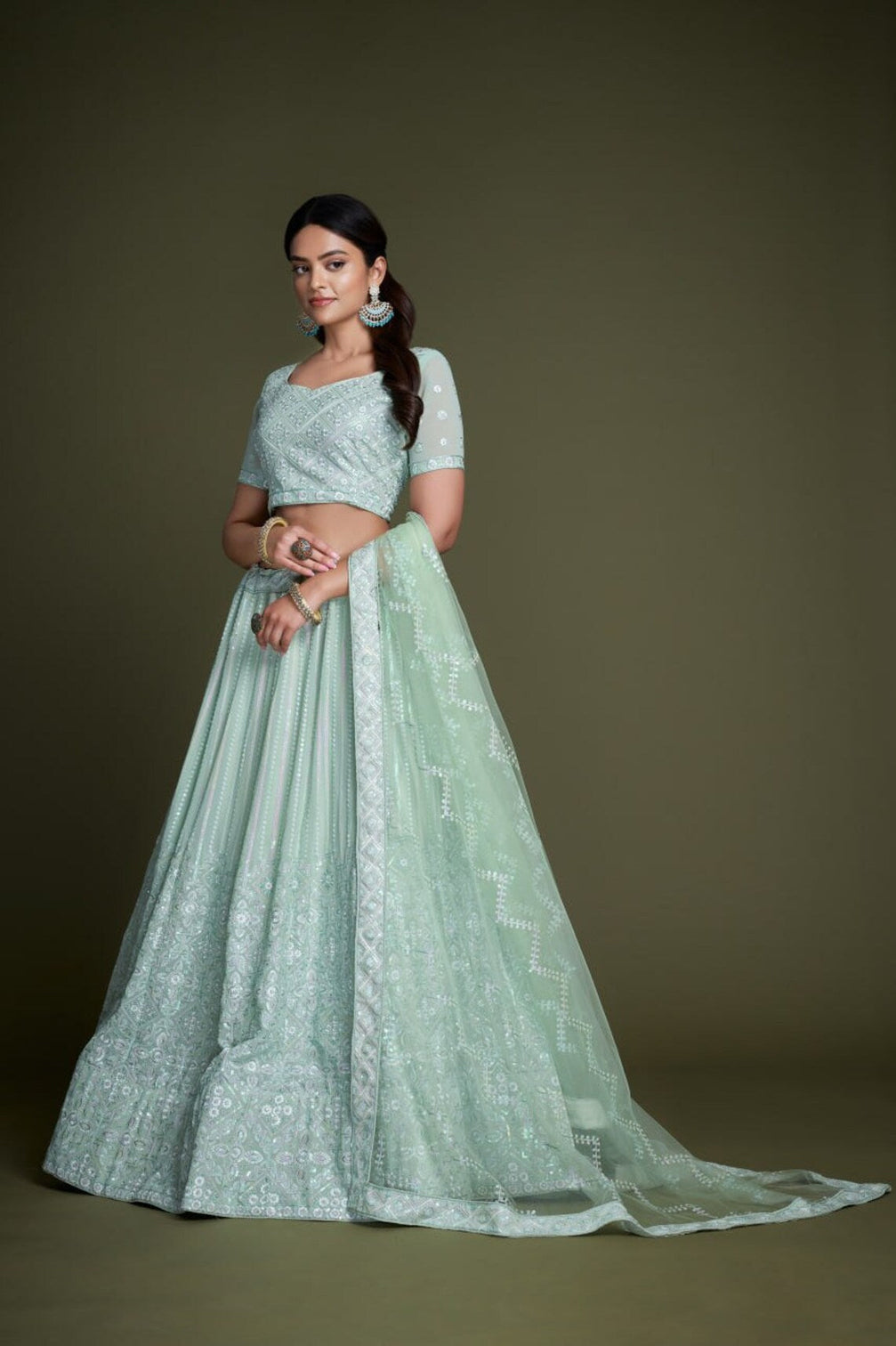 Turquoise Pakistani Georgette Lehenga Choli For Indian Festivals & Weddings - Sequence Embroidery Work, Thread Embroidery Work,