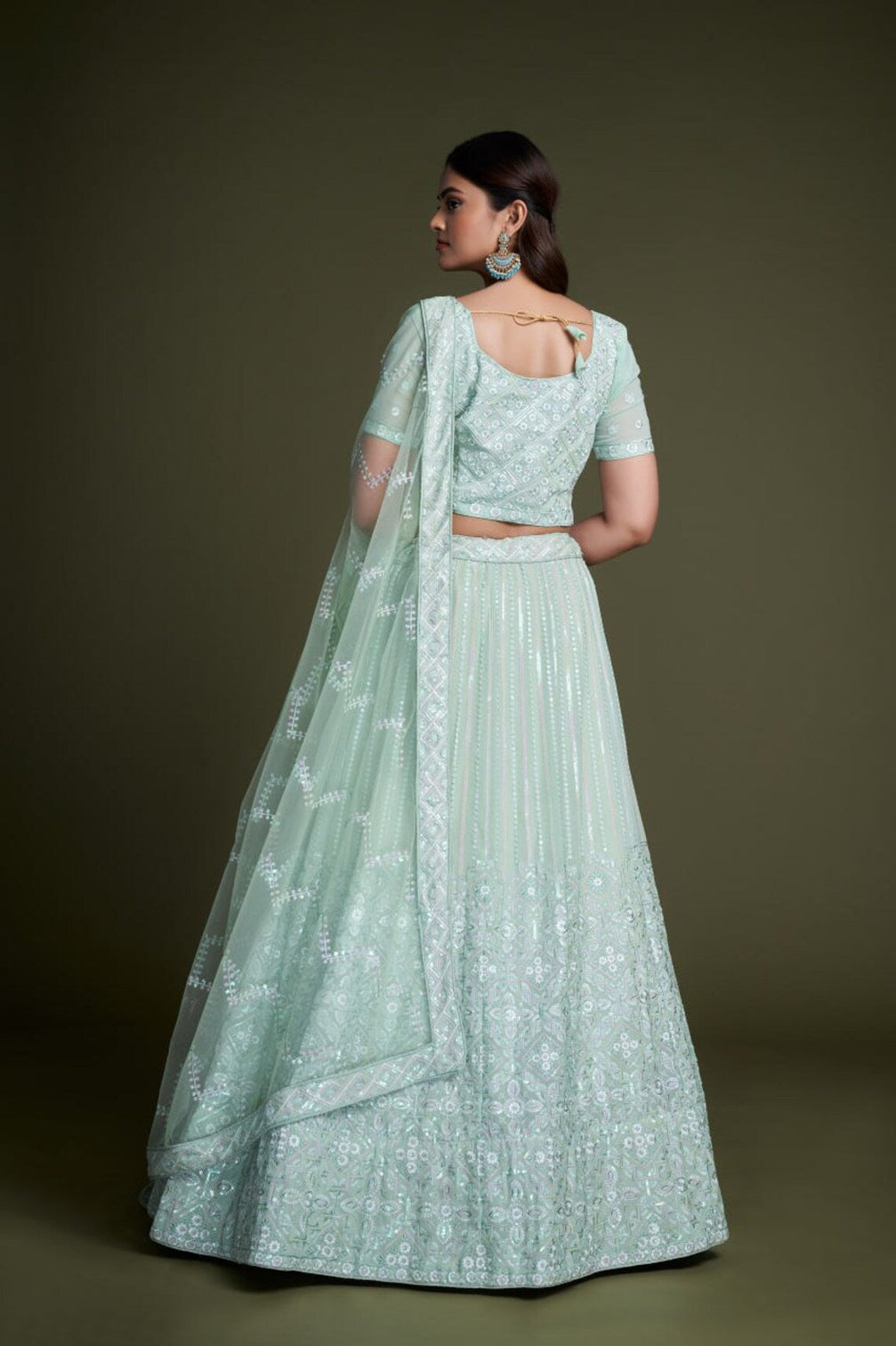 Turquoise Pakistani Georgette Lehenga Choli For Indian Festivals & Weddings - Sequence Embroidery Work, Thread Embroidery Work,