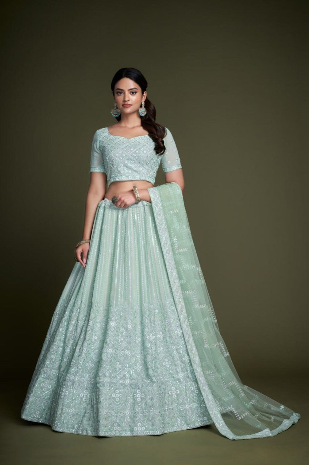 Turquoise Pakistani Georgette Lehenga Choli For Indian Festivals & Weddings - Sequence Embroidery Work, Thread Embroidery Work,
