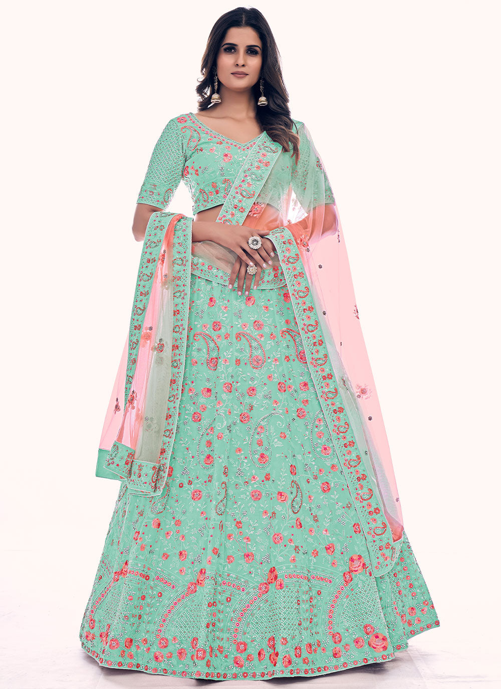 Green Net Long Choli Lehenga For Party