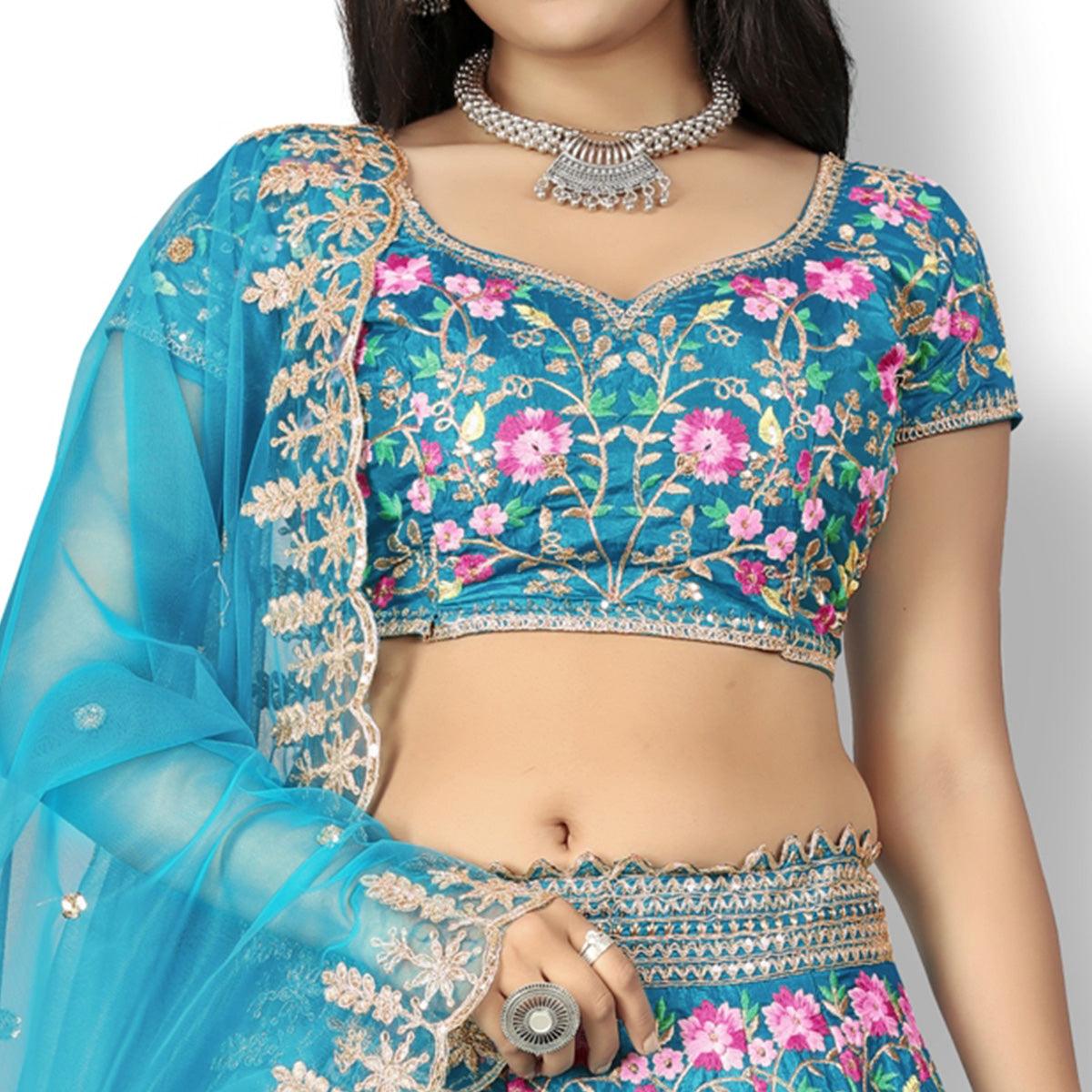 Turquoise Party Wear Sequins Embroidered Silk Lehenga Choli