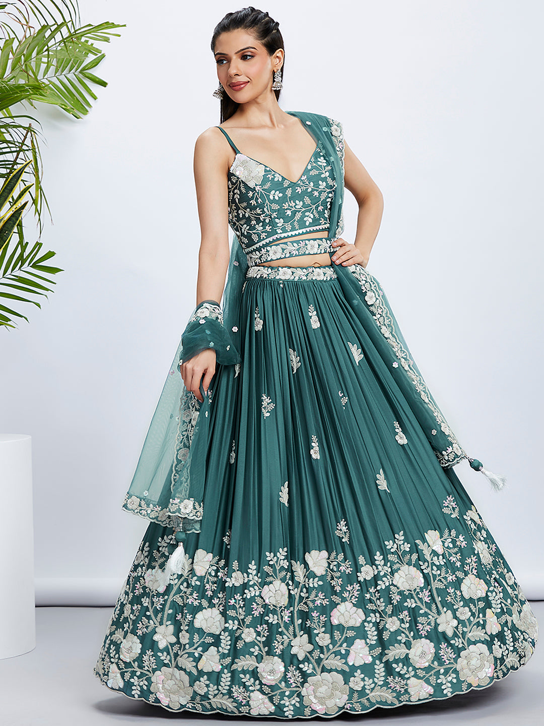 Turquoise Sequined and Embroidered Georgette Lehenga Choli Set