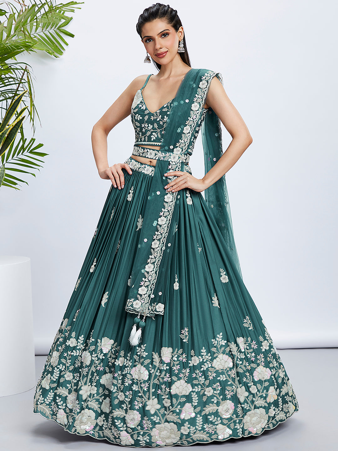 Turquoise Sequined and Embroidered Georgette Lehenga Choli Set