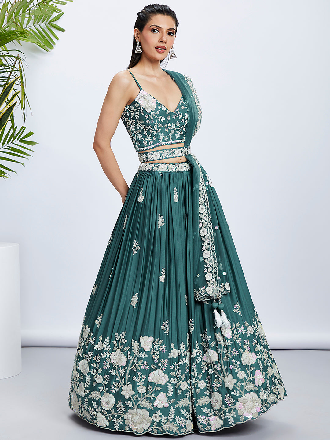 Turquoise Sequined and Embroidered Georgette Lehenga Choli Set