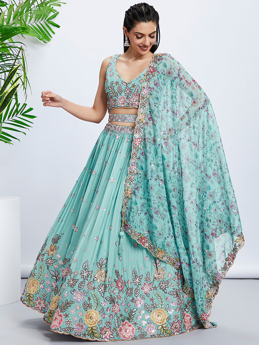 Turquoise Sequined & Embroidered Chiffon Lehenga Choli Set with Printed Dupatta