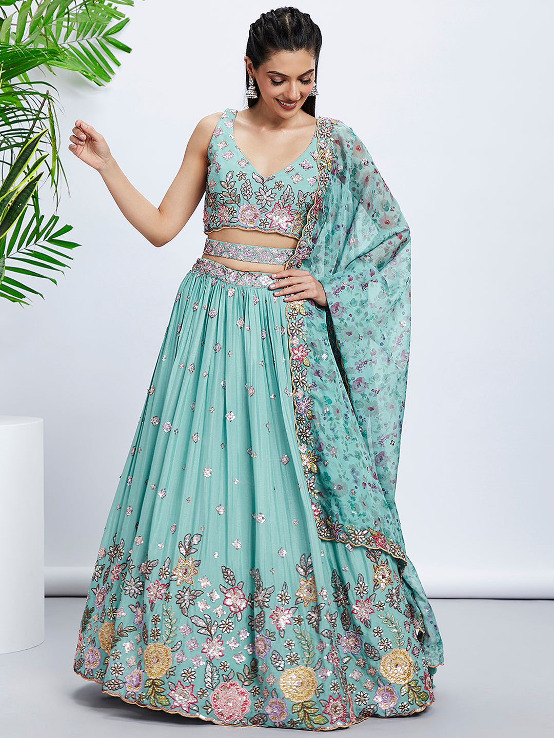 Turquoise Sequined & Embroidered Chiffon Lehenga Choli Set with Printed Dupatta