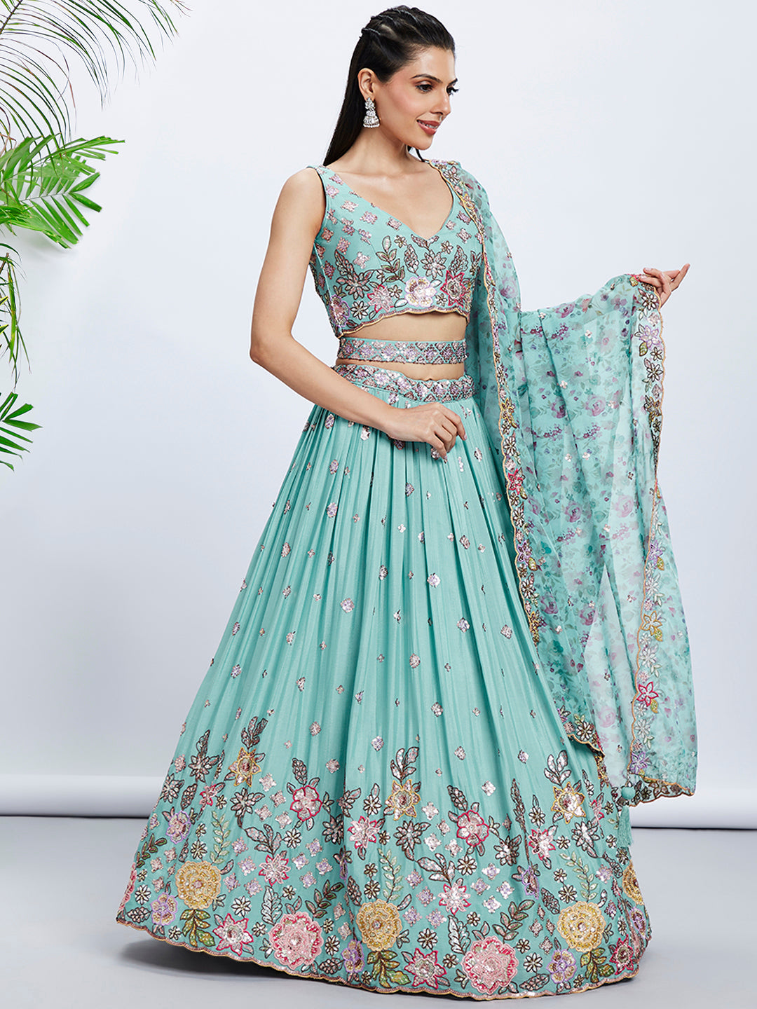 Turquoise Sequined & Embroidered Chiffon Lehenga Choli Set with Printed Dupatta