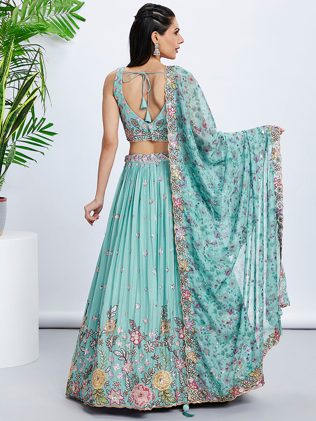 Turquoise Sequined & Embroidered Chiffon Lehenga Choli Set with Printed Dupatta