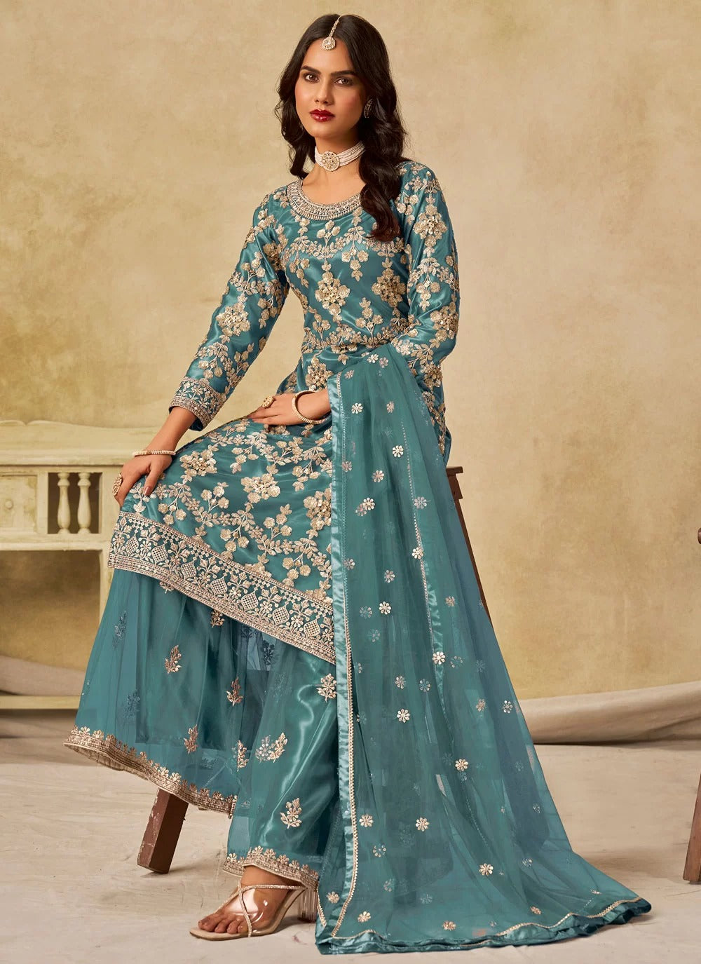 Stunning turquoise sequins embroidered net sharara dress