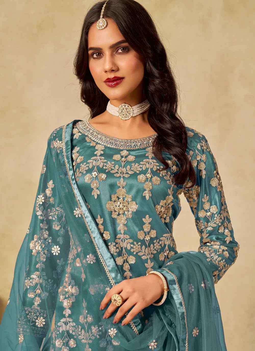 Stunning turquoise sequins embroidered net sharara dress