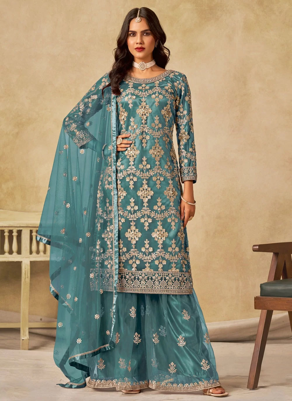 Stunning turquoise sequins embroidered net sharara dress