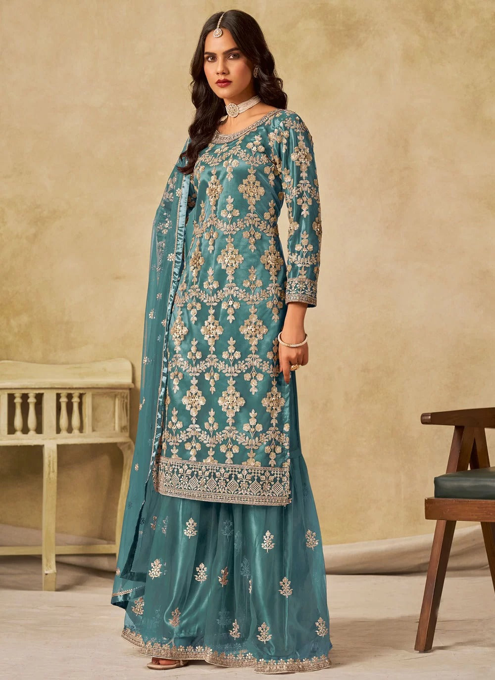 Stunning turquoise sequins embroidered net sharara dress
