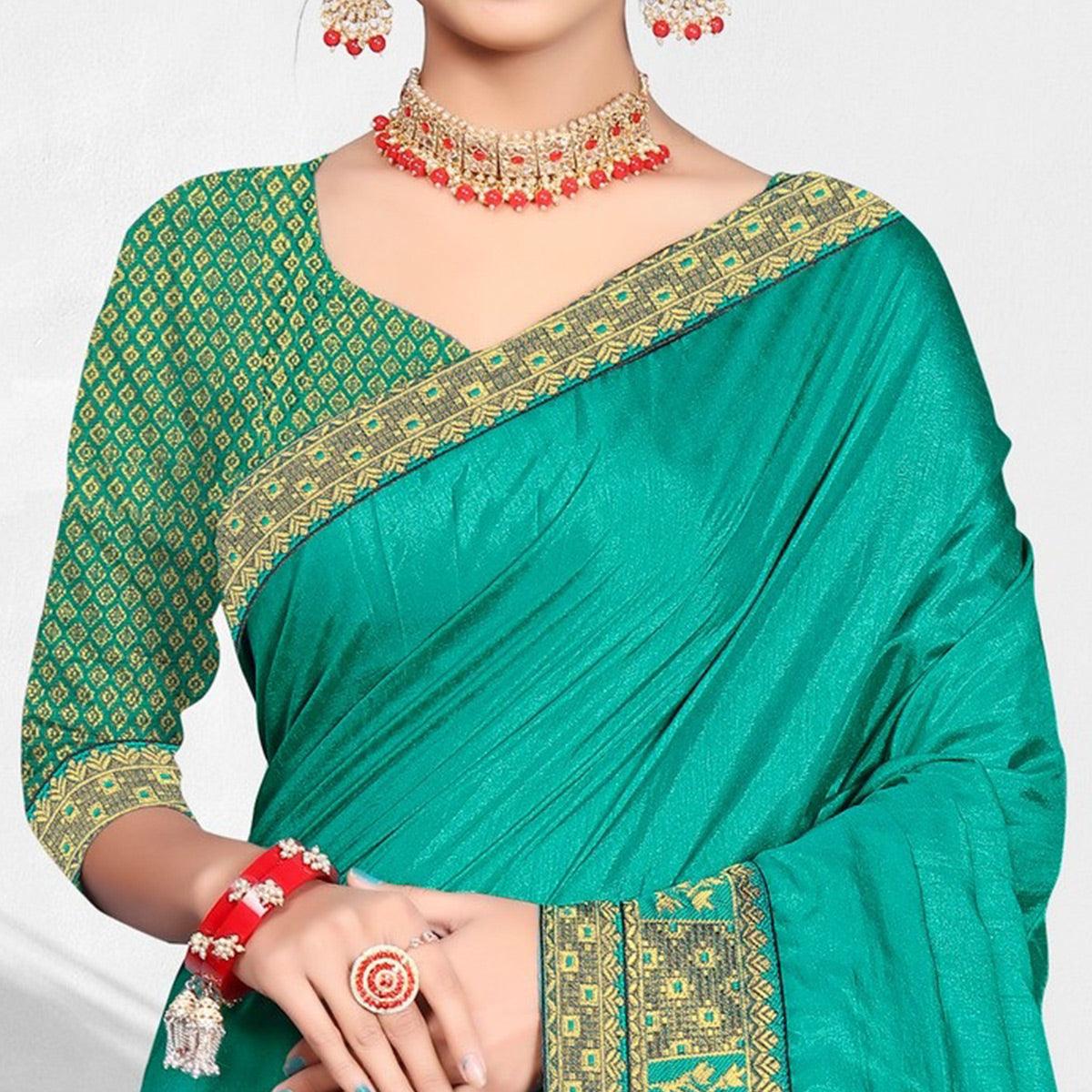Turquoise Solid Vichitra Silk Saree