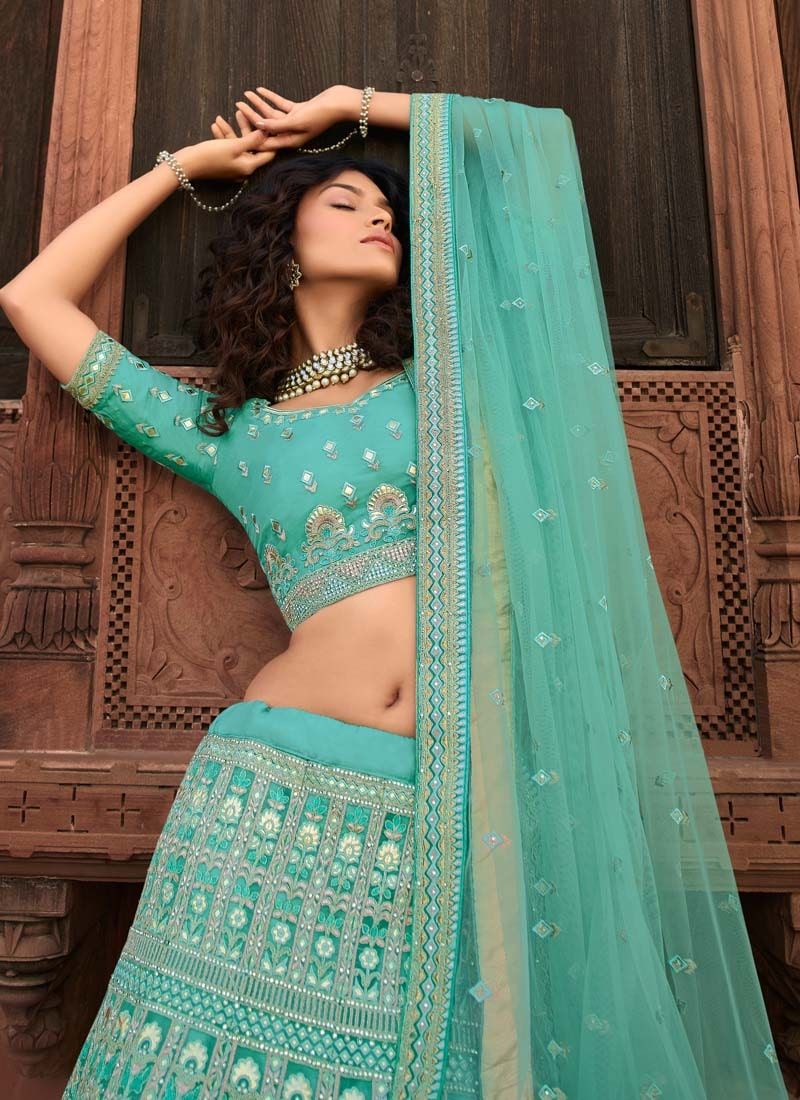 Turquoise Zari And Sequins Work Organza Lehenga For Bridesmaid