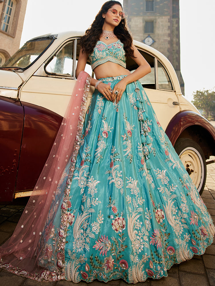 Turquoiseblue Satin Silk Sequins embroidery Semi-Stitched Lehenga choli & Dupatta