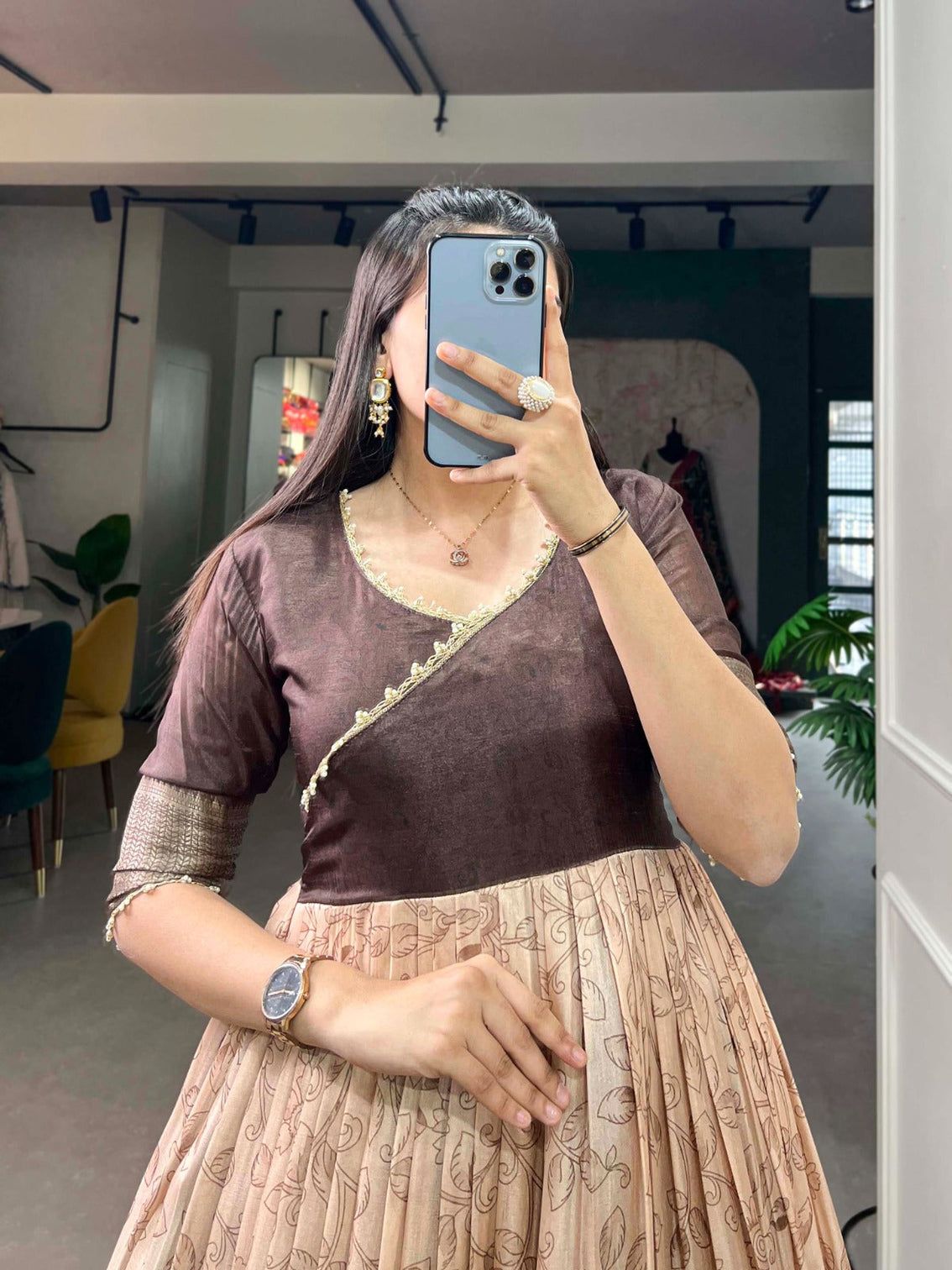 Tussar Silk Brown Printed Gown with Adjustable Comfort