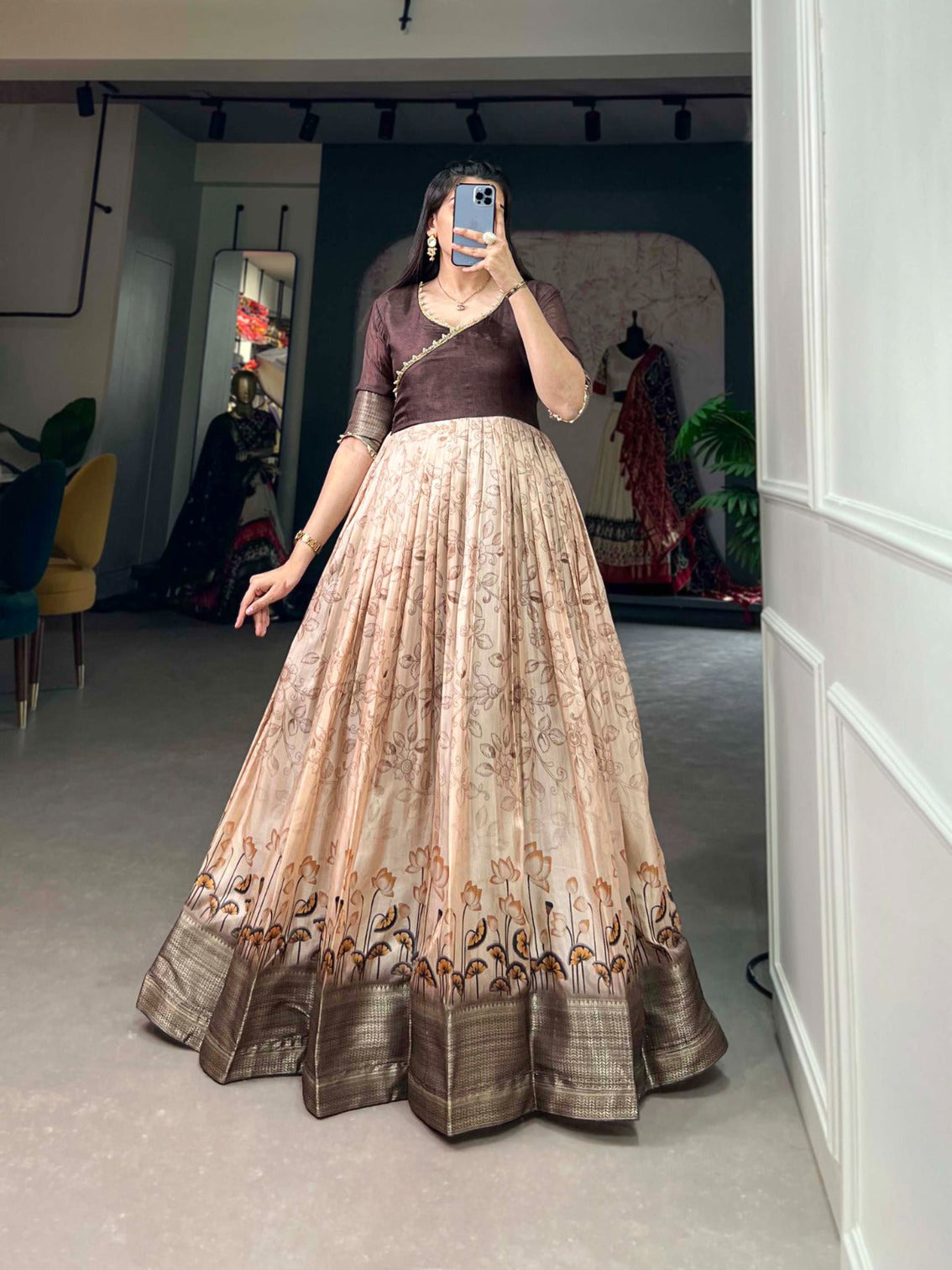 Tussar Silk Brown Printed Gown with Adjustable Comfort