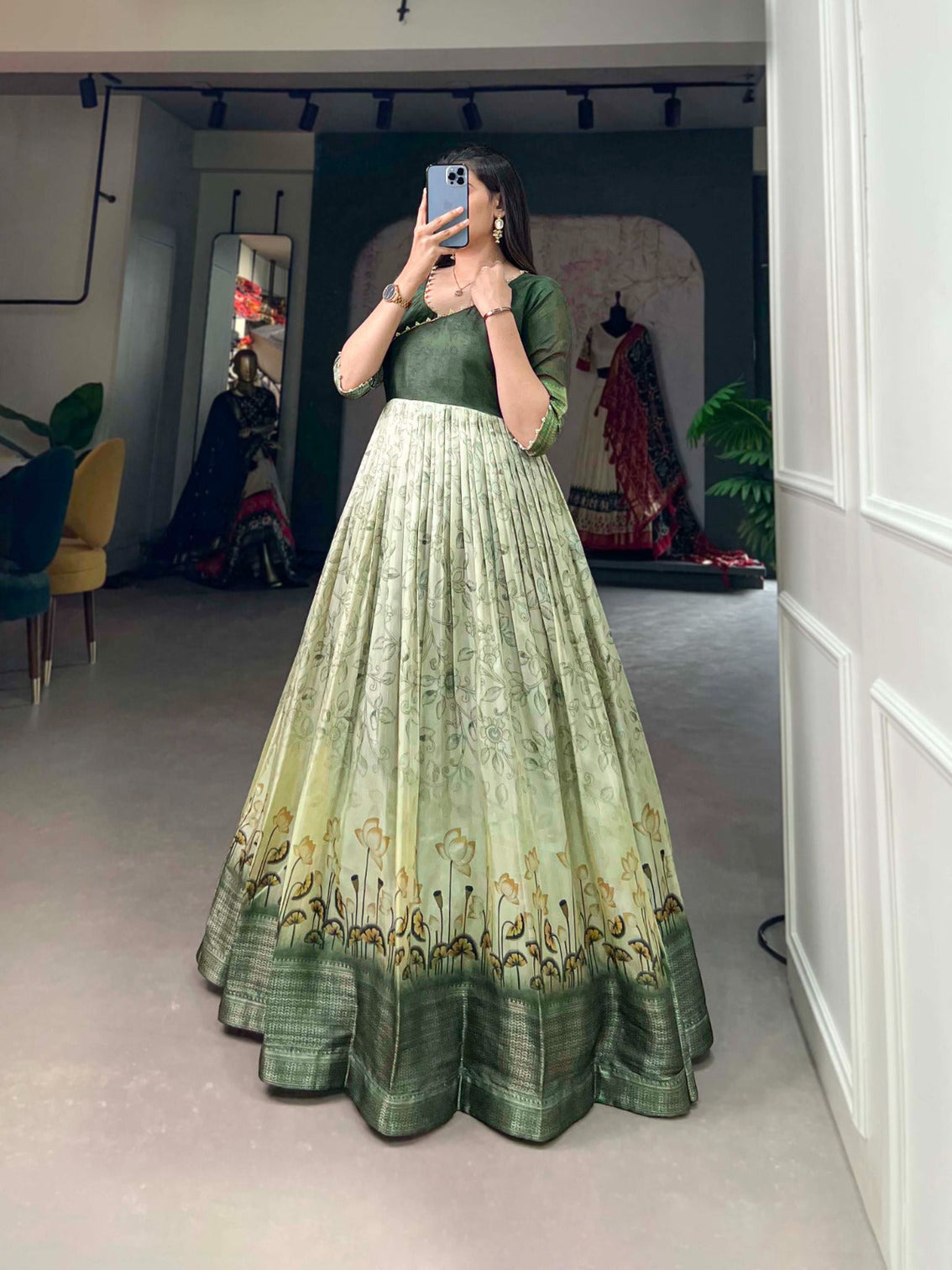 Tussar Silk Green Printed Gown with Adjustable Comfort