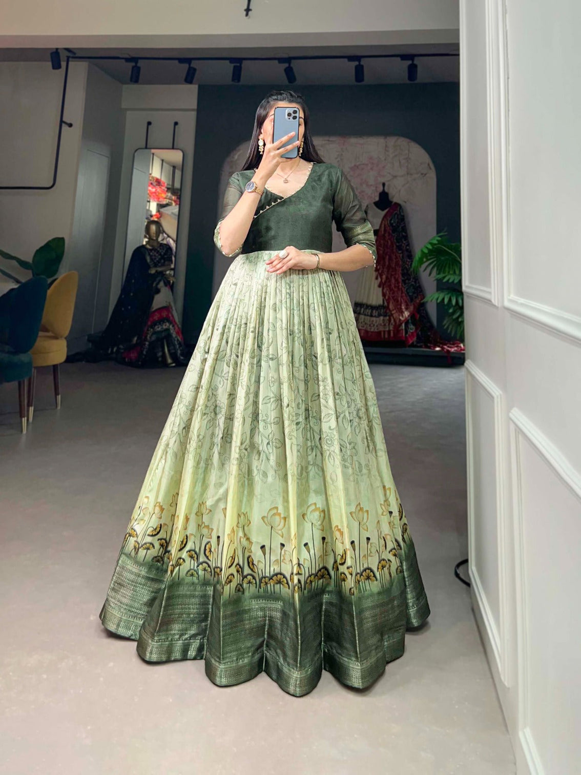 Tussar Silk Green Printed Gown with Adjustable Comfort