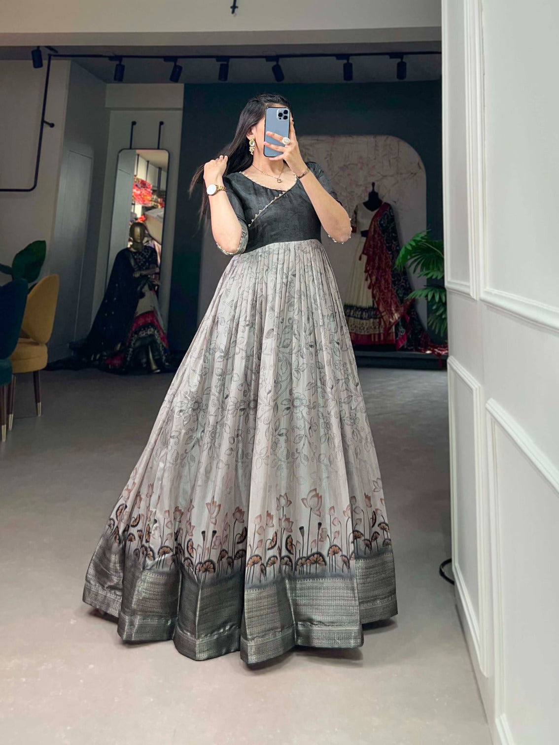 Tussar Silk Grey Printed Gown with Adjustable Comfort