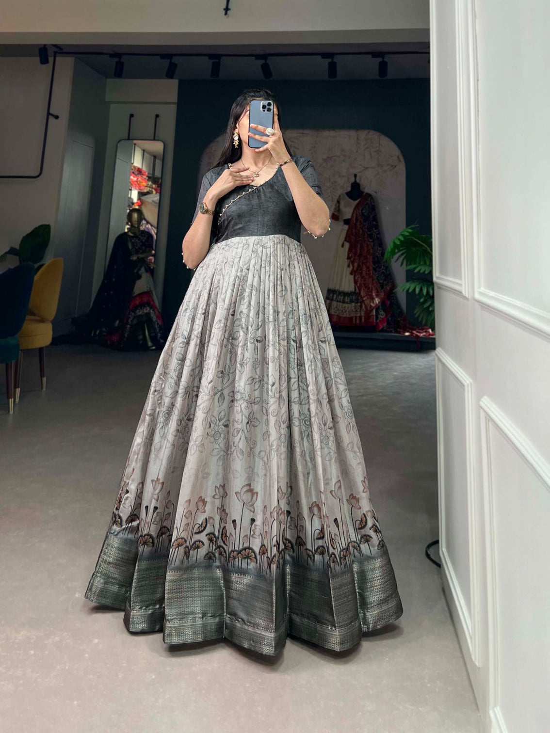 Tussar Silk Grey Printed Gown with Adjustable Comfort