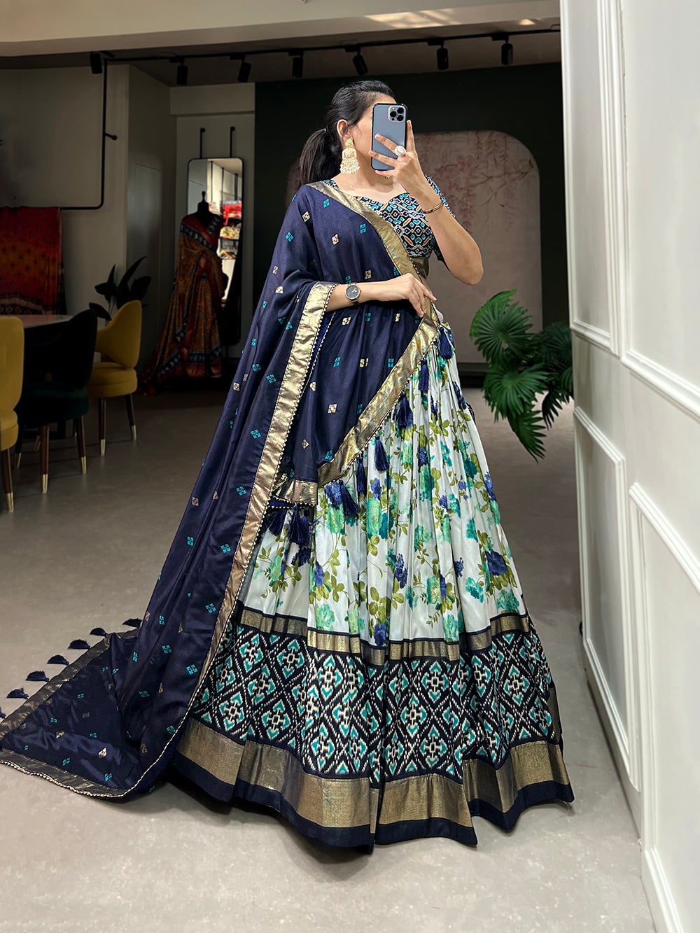 Navy Blue Color Floral And Patola Printed With Foil Work Tussar Silk Traditional Lehenga Choli