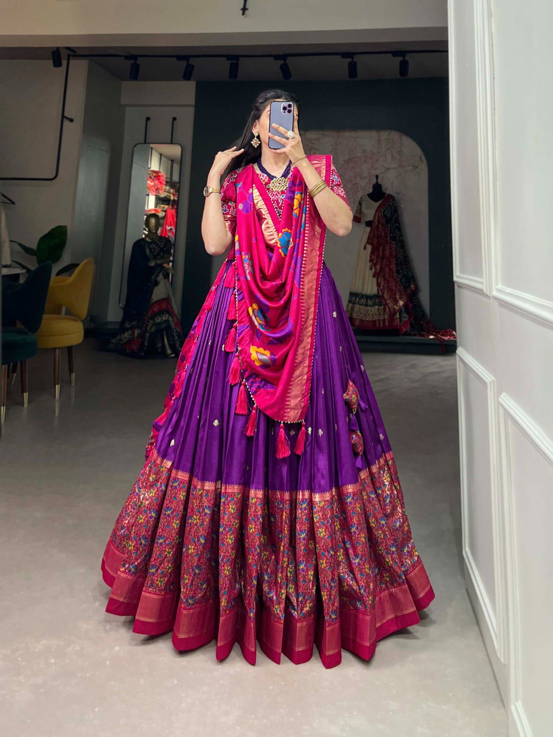 Tussar Silk Purple Lehenga Choli Set: Printed Elegance with Foil Work