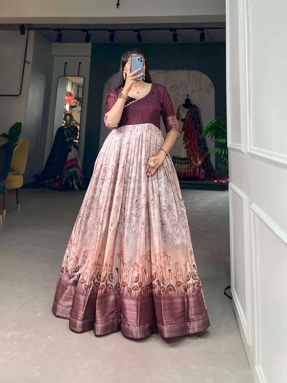 Tussar Silk Wine Printed Gown with Adjustable Comfort