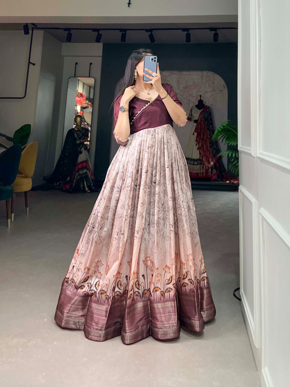 Tussar Silk Wine Printed Gown with Adjustable Comfort