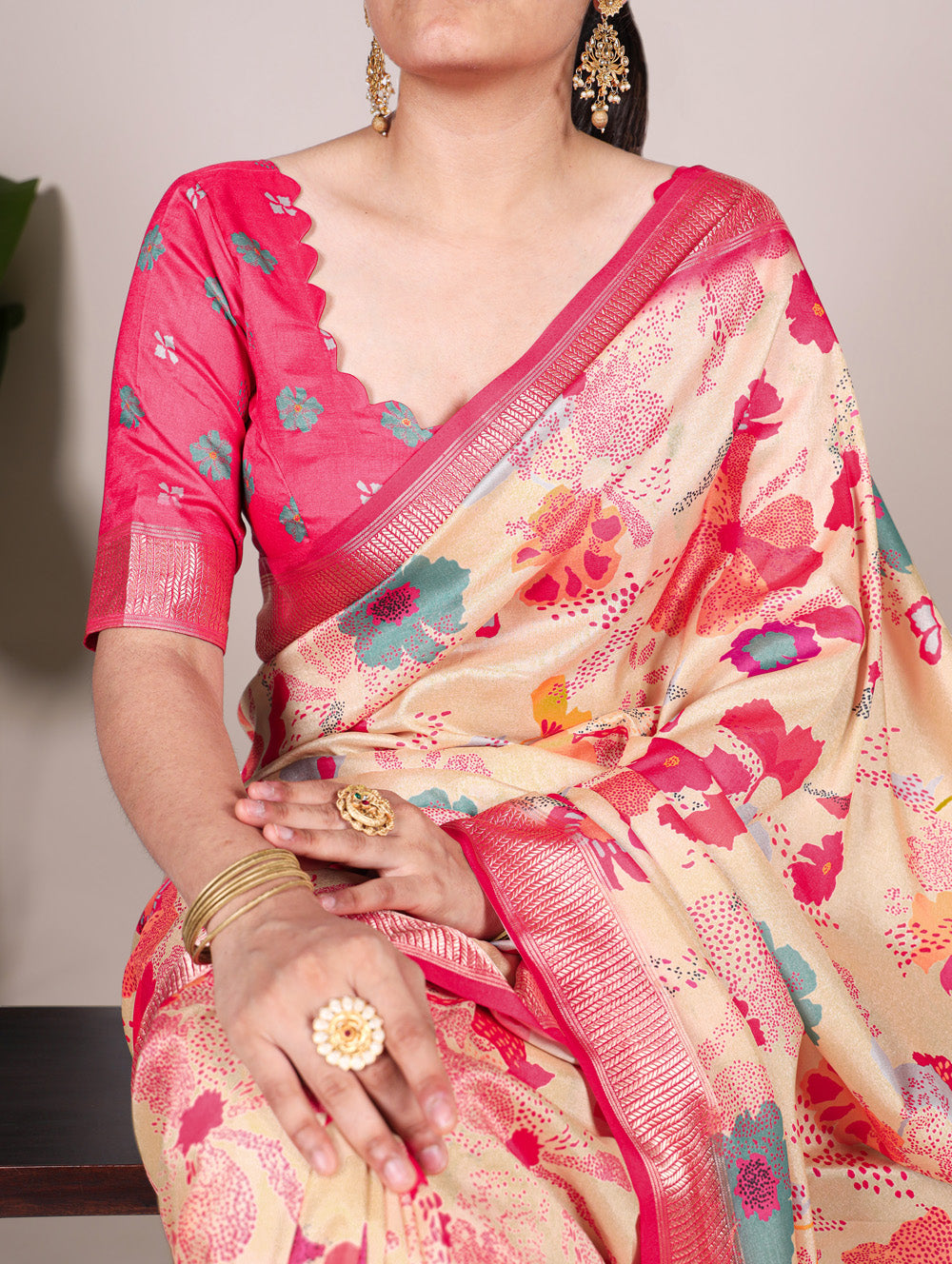 Cream tussar silk floral printed saree with viscose border wine blouse