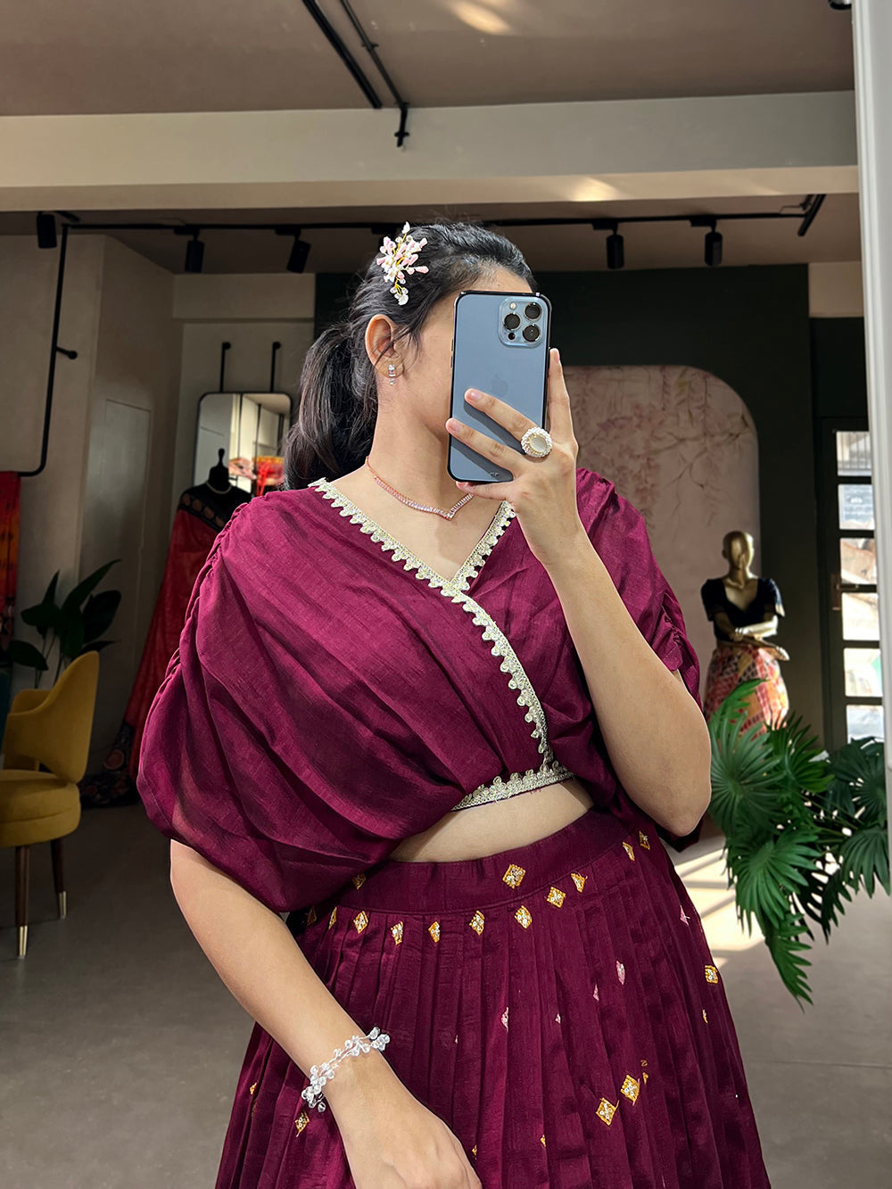 Wine Color Thread Embroidery Work Vichitra Silk Lehenga Choli