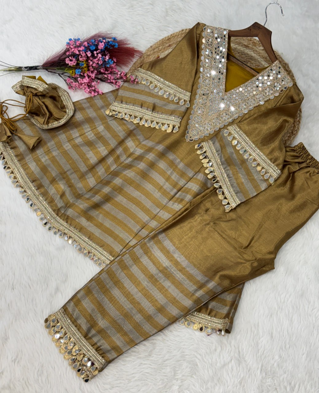 Two-Tone Mirror Work Kurta Set with Batwa