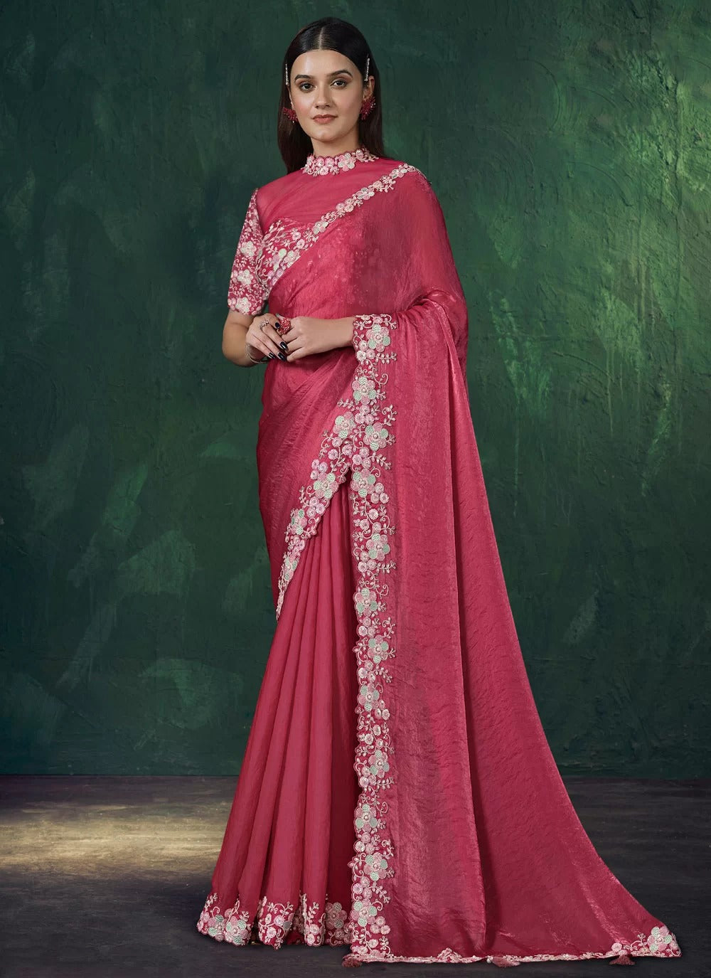 Two tone pink satin silk saree with handwork stitched blouse