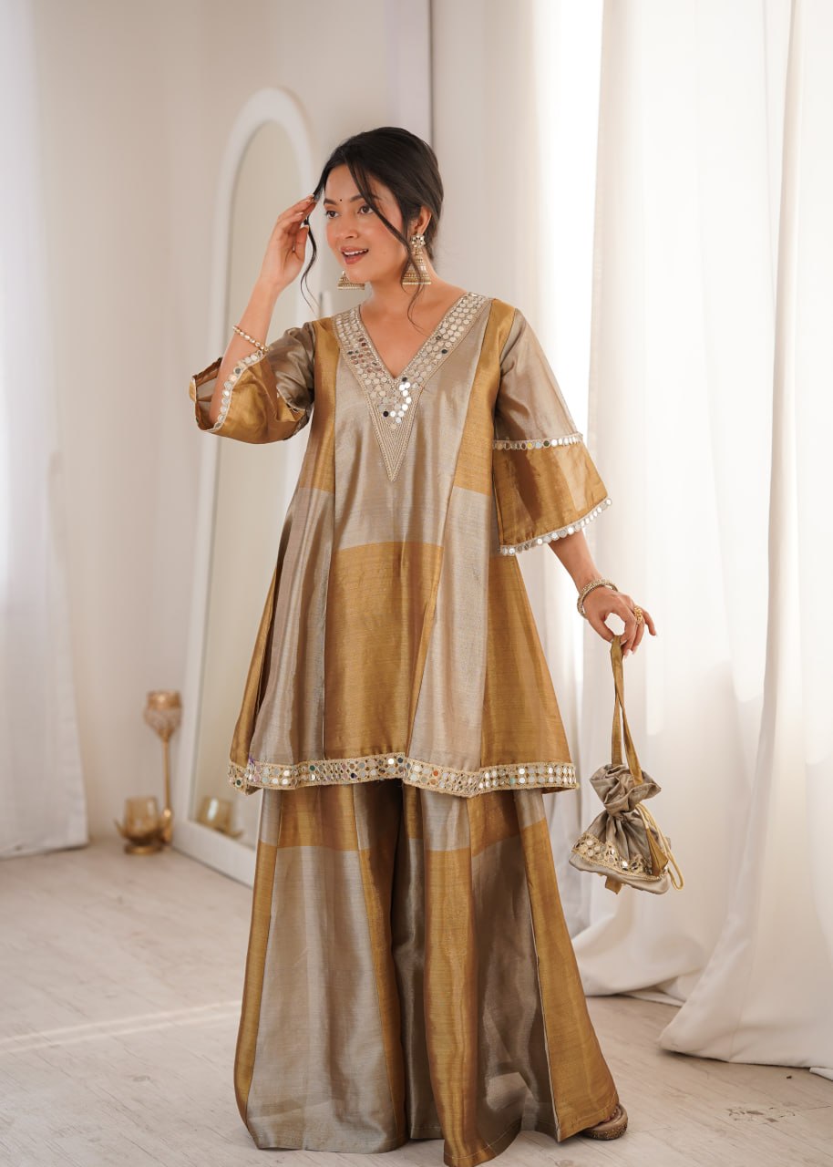 Two-Tone Tissue Kurta Set & Batwa