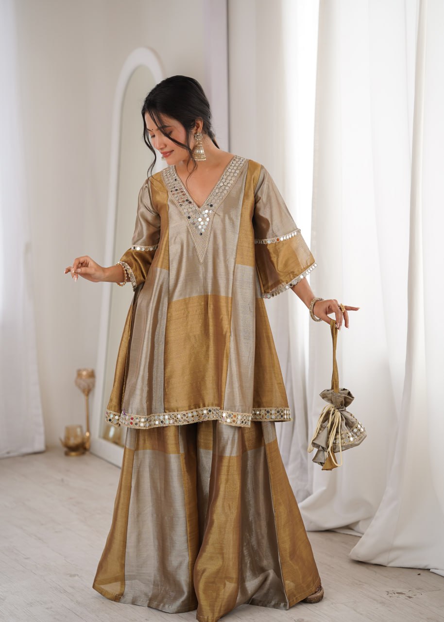 Two-Tone Tissue Kurta Set & Batwa