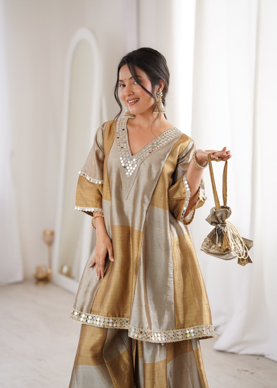 Two-Tone Tissue Kurta Set & Batwa