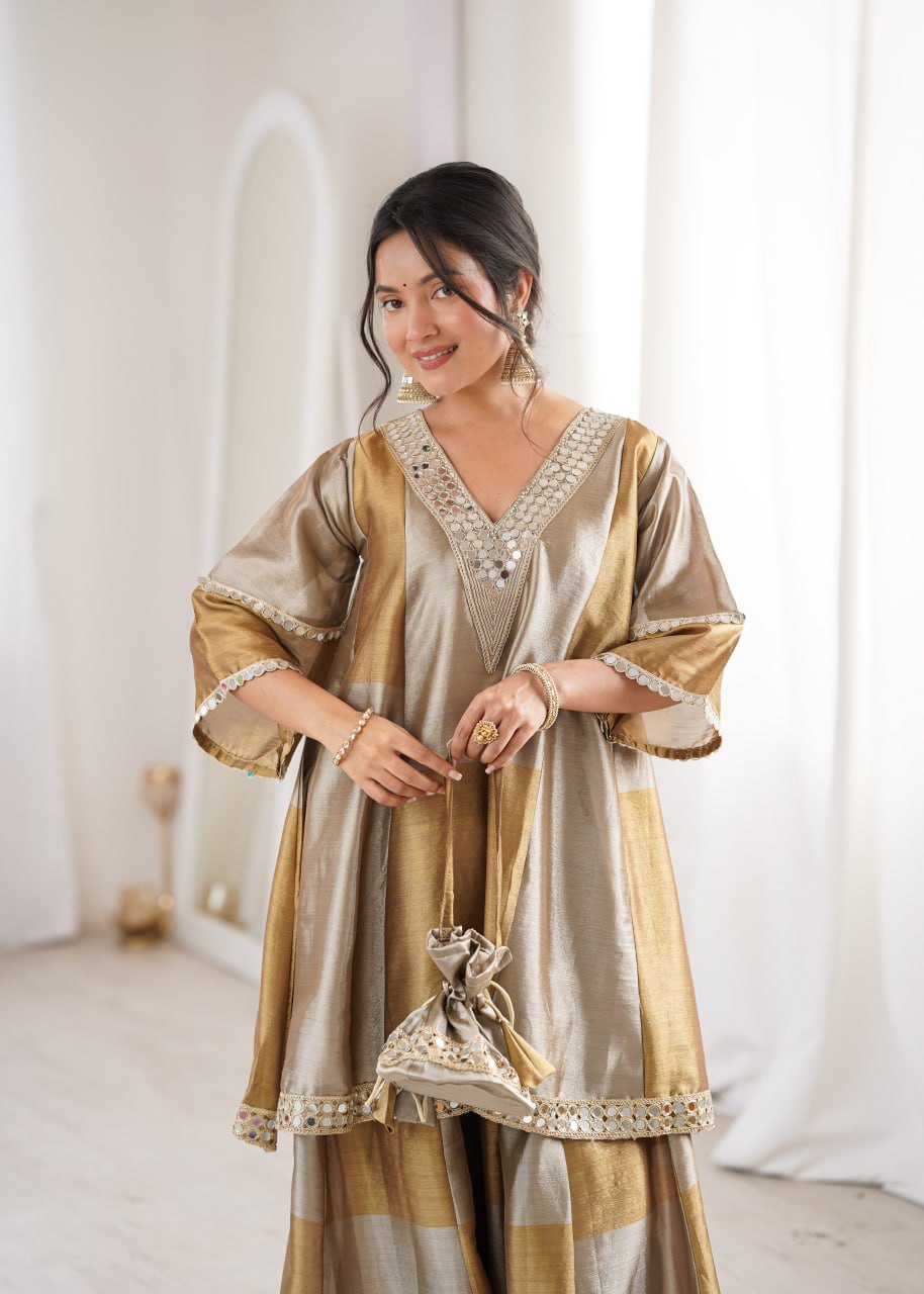 Two-Tone Tissue Kurta Set & Batwa