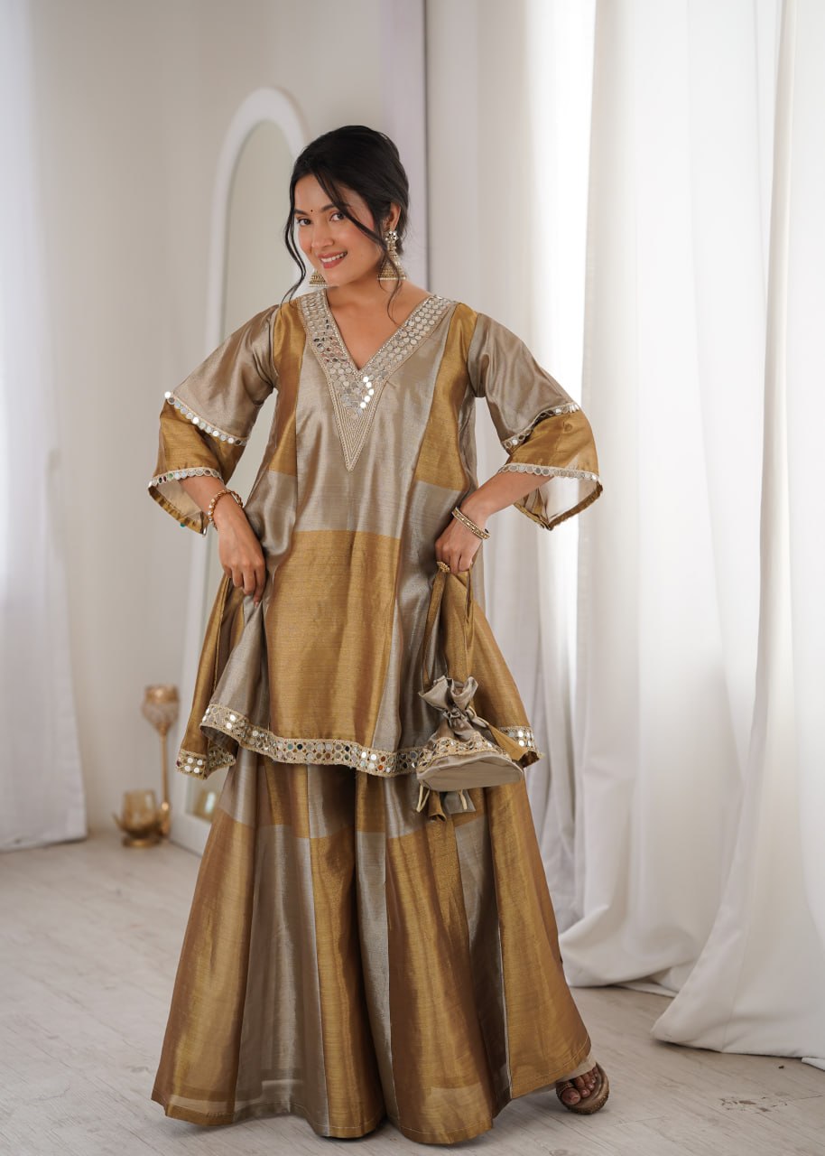 Two-Tone Tissue Kurta Set & Batwa