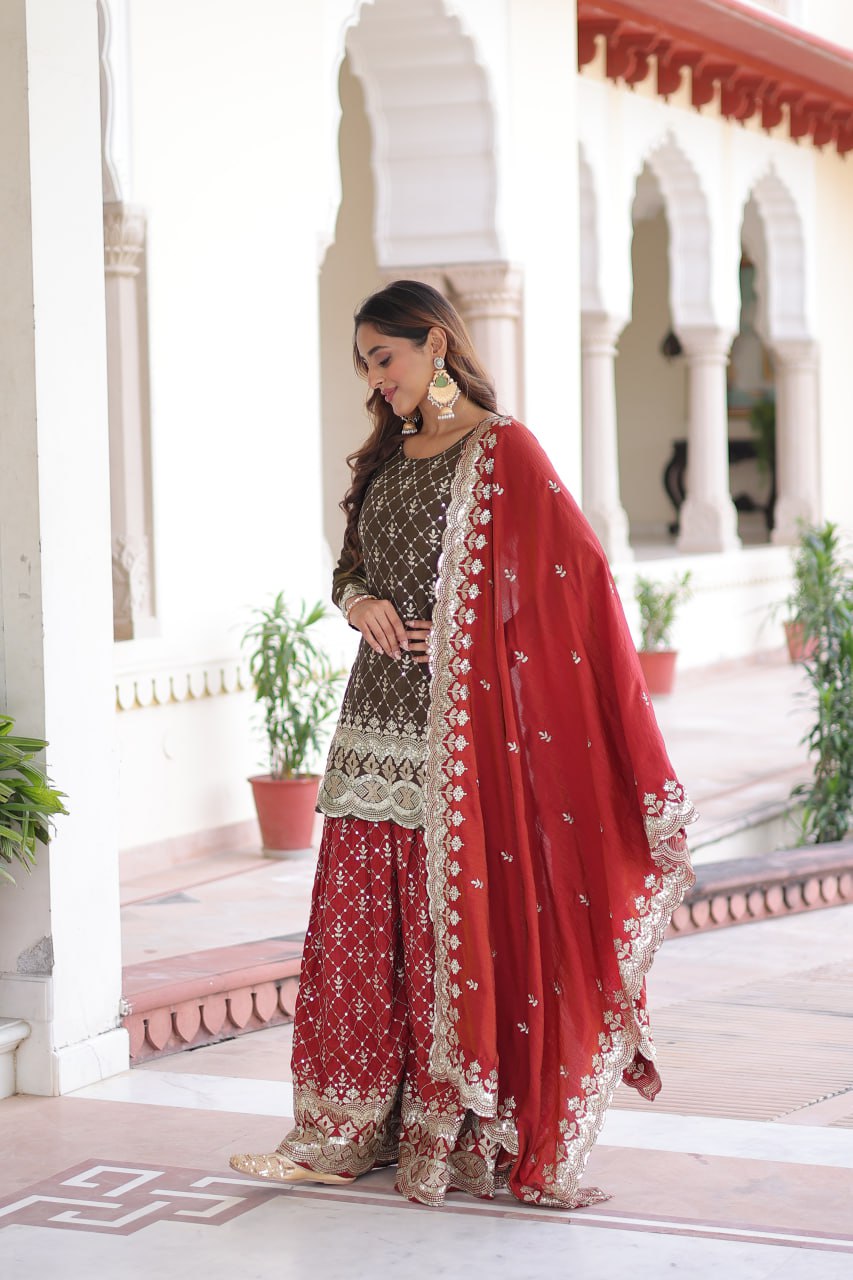 Two-Tone Vichitra Silk Top Sharara Set