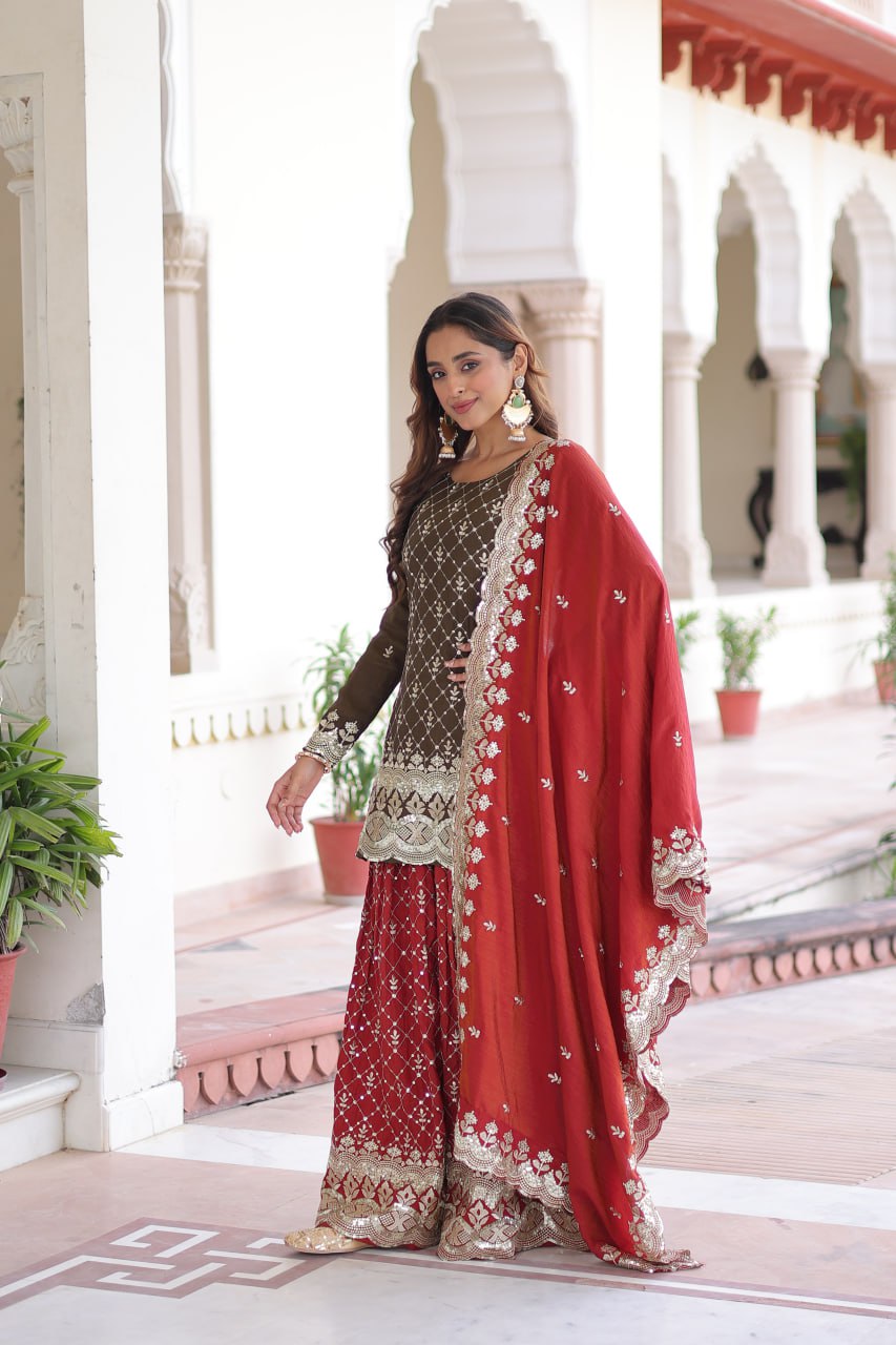 Two-Tone Vichitra Silk Top Sharara Set