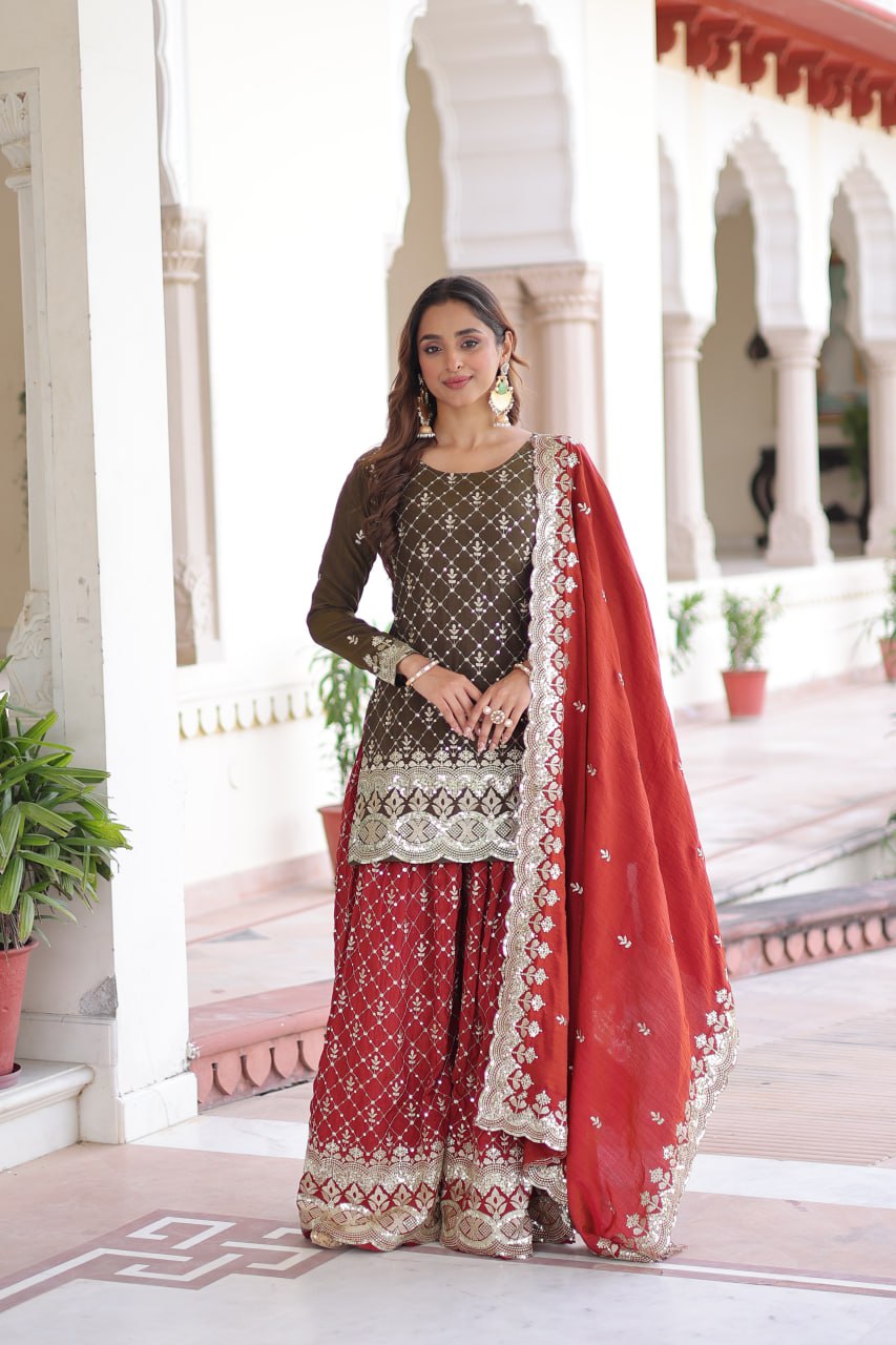 Two-Tone Vichitra Silk Top Sharara Set