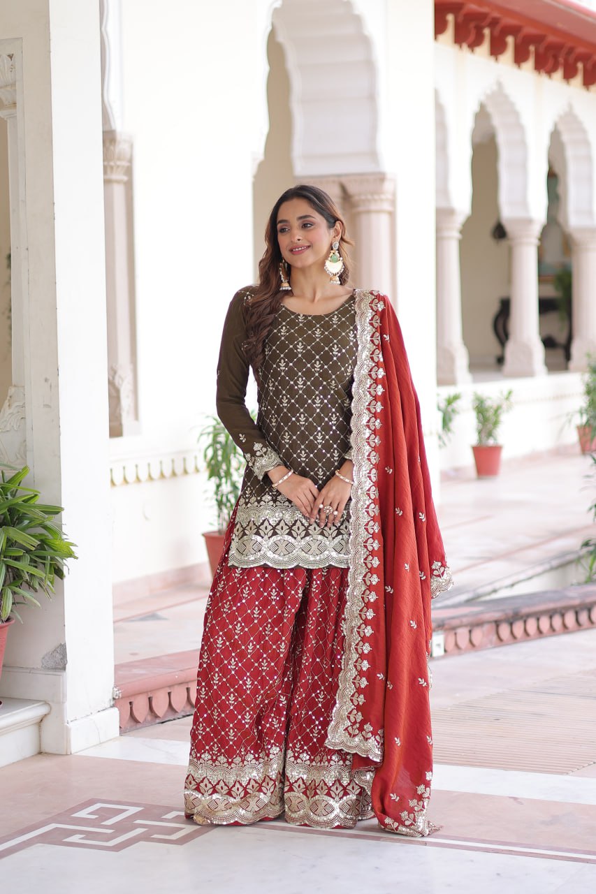 Two-Tone Vichitra Silk Top Sharara Set