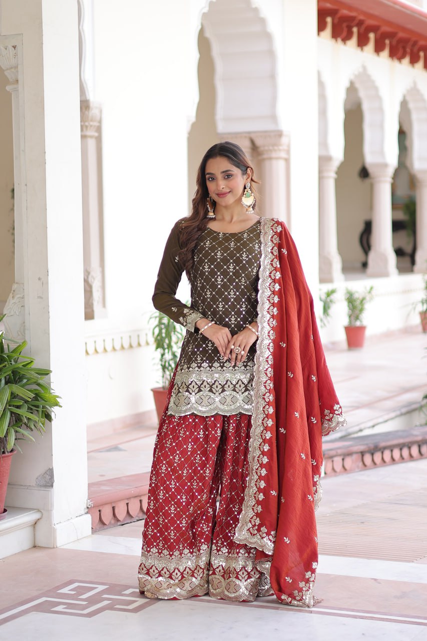 Two-Tone Vichitra Silk Top Sharara Set